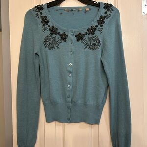 Anthropologie Teal Blue Beaded Scoop-Neck Cardigan
